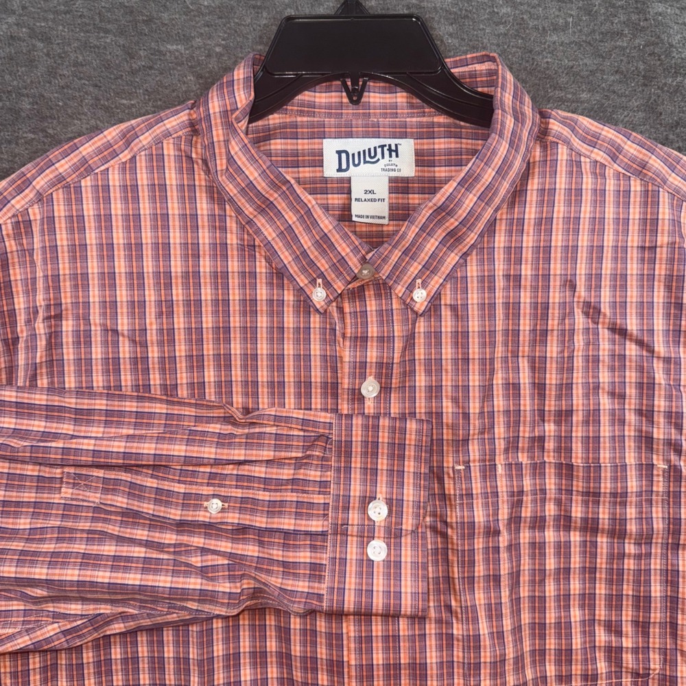 Duluth Trading Co Mens Plaid Button Down Shirt Relaxed Fit 2XL Peach Navy